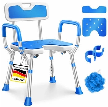 Kesser Badhocker Duschhocker mit Lehne h&ouml;henverstellbar in 6 Stufen 38-54cm Anti-Rutsch F&uuml;&szlig;e & Matten 150 kg belastbar wei&szlig;