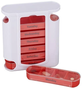 Relaxdays GmbH Pillendose 7 Tage 4 Fächer Englisch Rot ransparent rau