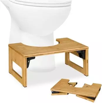 Relaxdays Klappbarer Toilettenhocker aus Bambus Hellbraun chwarz