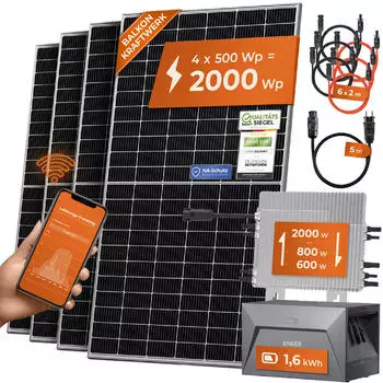 Solarway Balkonkraftwerk Set 2000W 4 x 500Wp Module + Deye M200 + Anker SOLIX E1600 + ohne Halterungen Solarway Balkonkraftwerk Set 2000W 4 x 500Wp Module + Deye M200 + Anker SOLIX E1600 + ohne Halterungen