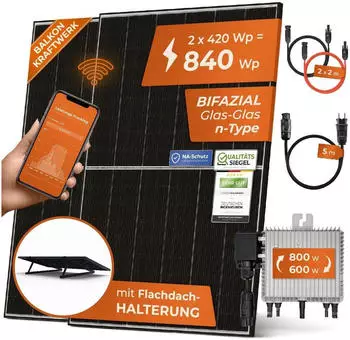 Solarway Balkonkraftwerk 840/600-800W mit 2 x 240Wp Modulen, Deye Wechselrichter, 5m Schuko-Kabel für Flachdach