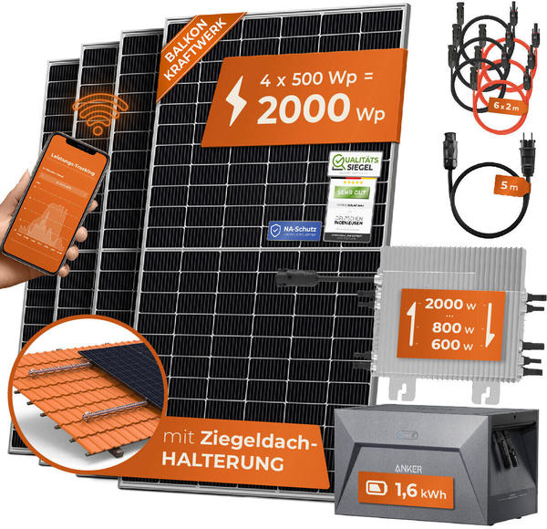 Solarway Balkonkraftwerk Set 2000W 4 x 500Wp Module + Deye M200 + Anker SOLIX E1600 + Ziegeldach-Halterungen