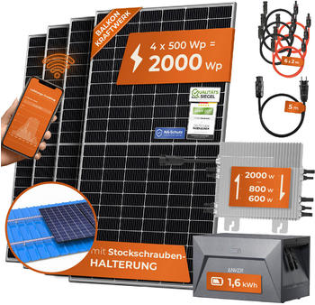 Solarway Balkonkraftwerk Set 2000W 4 x 500Wp Module + Deye M200 + Anker SOLIX E1600 + Stockschrauben