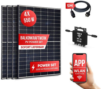 Jet-Line Solaranlage Balkon/Dach 2200W 4 x 550Wp Module, HERF-1800 Wechselrichter, Schuko-Netzkabel 5m