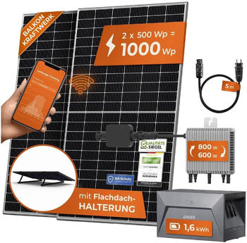 Solarway Balkonkraftwerk 1000W 2 x 500Wp Module + Deye SUN-M80 + Anker SOLIX E1600 für Flachdach