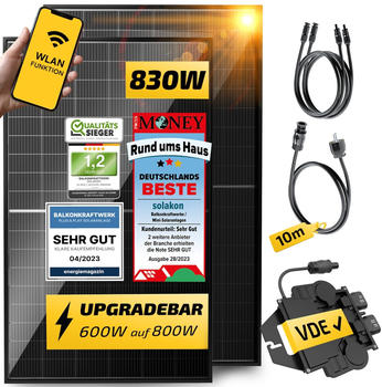 Solakon Balkonkraftwerk 830/600W 2 x 415Wp, APSystems EZ1, 10 m Schuko-Einspeisekabel (1200)