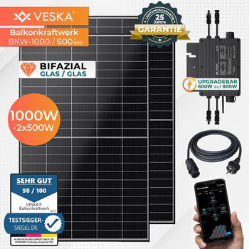VESKA Balkonkraftwerk 1000/600+800W mit 2 x 500Wp Modulen, VESKA VK-800, 5m Schuko-Kabel