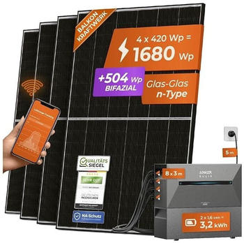 Solarway Balkonkraftwerk 1680/800W 4 x 420Wp Module + Anker SOLIX 2 E1600 Pro 3,2kWh + 5m Schuko-Kabel Solarway Balkonkraftwerk 1680/800W 4 x 420Wp Module + Anker SOLIX 2 E1600 Pro 3,2kWh + 5m Schuko-Kabel