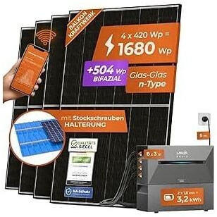 Solarway Balkonkraftwerk 1680/800W 4 x 420Wp Module + Anker SOLIX 2 E1600 Pro 3,2kWh + Stockschrauben Solarway Balkonkraftwerk 1680/800W 4 x 420Wp Module + Anker SOLIX 2 E1600 Pro 3,2kWh + Stockschrauben