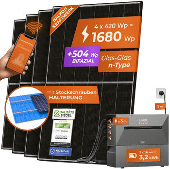 Solarway Balkonkraftwerk 1680/800W 4 x 420Wp Module + Anker SOLIX 2 E1600 Pro 3,2kWh + 5m Schuko-Kabel + Stockschrauben Solarway Balkonkraftwerk 1680/800W 4 x 420Wp Module + Anker SOLIX 2 E1600 Pro 3,2kWh + 5m Schuko-Kabel + Stockschrauben