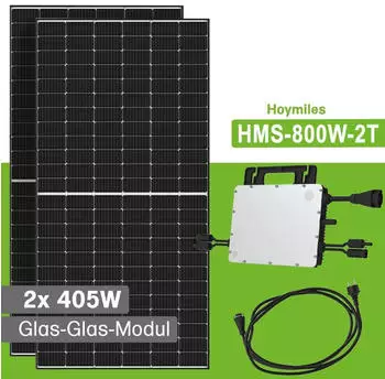 Offgridtec Balkonkraftwerk 810/800W 2 x 405Wp Module + Hoymiles HMS-800W-2T + 10m Schuko-Kabel Offgridtec Balkonkraftwerk 810/800W 2 x 405Wp Module + Hoymiles HMS-800W-2T + 10m Schuko-Kabel