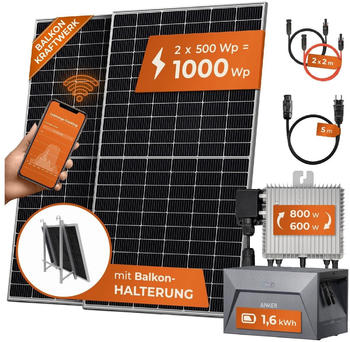 Solarway Balkonkraftwerk 1000/800W 2 x 500Wp Module + Deye SUN-M80G4-EU + Anker SOLIX E1600 + Balkonhalterung Solarway Balkonkraftwerk 1000/800W 2 x 500Wp Module + Deye SUN-M80G4-EU + Anker SOLIX E1600 + Balkonhalterung