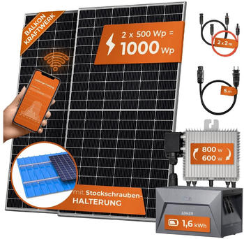 Solarway Balkonkraftwerk 1000/800W 2 x 500Wp Module + Deye SUN-M80G4-EU + Anker SOLIX E1600 + Stockschrauben-Halterung Solarway Balkonkraftwerk 1000/800W 2 x 500Wp Module + Deye SUN-M80G4-EU + Anker SOLIX E1600 + Stockschrauben-Halterung