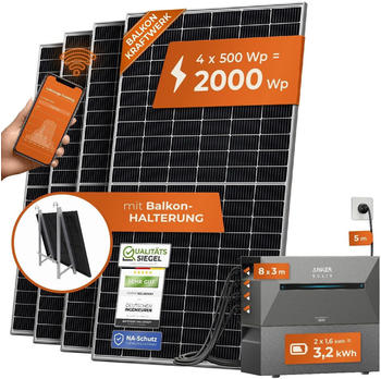Solarway Balkonkraftwerk 2000/800W 4 x 500Wp Module + Anker SOLIX 2 E1600 Pro 3,2kWh + 5m Schuko-Kabel + Balkonhalterung Solarway Balkonkraftwerk 2000/800W 4 x 500Wp Module + Anker SOLIX 2 E1600 Pro 3,2kWh + 5m Schuko-Kabel + Balkonhalterung