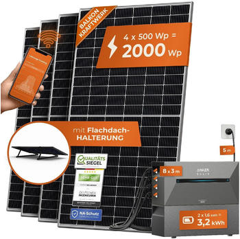 Solarway Balkonkraftwerk 2000/800W 4 x 500Wp Module + Anker SOLIX 2 E1600 Pro 3,2kWh + 5m Schuko-Kabel + Flachdach-Halterung Solarway Balkonkraftwerk 2000/800W 4 x 500Wp Module + Anker SOLIX 2 E1600 Pro 3,2kWh + 5m Schuko-Kabel + Flachdach-Halterung