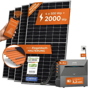Solarway Balkonkraftwerk 2000/800W 4 x 500Wp Module + Anker SOLIX 2 E1600 Pro 3,2kWh + 5m Schuko-Kabel + Ziegeldach-Halterung Solarway Balkonkraftwerk 2000/800W 4 x 500Wp Module + Anker SOLIX 2 E1600 Pro 3,2kWh + 5m Schuko-Kabel + Ziegeldach-Halterung