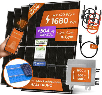 Solarway Balkonkraftwerk 1680/800-1600W 4 x 420Wp Module + Deye SUN-M160-EU + 5m Schuko-Kabel + Stockschrauben-Halterung Solarway Balkonkraftwerk 1680/800-1600W 4 x 420Wp Module + Deye SUN-M160-EU + 5m Schuko-Kabel + Stockschrauben-Halterung
