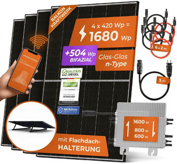 Solarway Balkonkraftwerk 1680/800-1600W 4 x 420Wp Module + Deye SUN-M160-EU + 5m Schuko-Kabel + Flachdach-Halterung