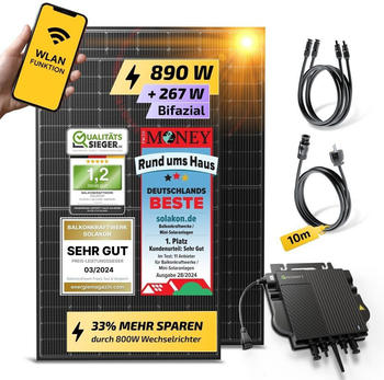 Solakon Balkonkraftwerk 890/800W 2 x 445Wp Module + Growatt NEO 800M-X + Schuko-Einspeisekabel 10m Solakon Balkonkraftwerk 890/800W 2 x 445Wp Module + Growatt NEO 800M-X + Schuko-Einspeisekabel 10m