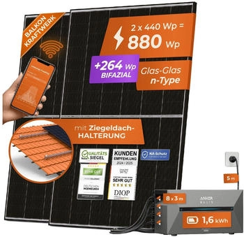 Solarway All In One 880W mit 1,6 kWh Anker Solix 2 PRO Speicher Plug&Play mit Ziegeldach Halterung Solarway All In One 880W mit 1,6 kWh Anker Solix 2 PRO Speicher Plug&Play mit Ziegeldach Halterung