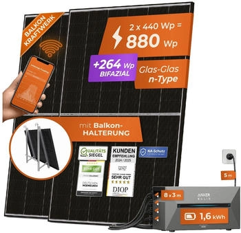 Solarway All In One 880W mit 1,6 kWh Anker Solix 2 PRO Speicher Plug&Play mit Balkon Halterung Solarway All In One 880W mit 1,6 kWh Anker Solix 2 PRO Speicher Plug&Play mit Balkon Halterung