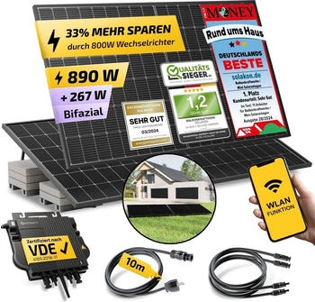 Solakon Balkonkraftwerk 890/800W 2 x 445Wp Module + Growatt NEO 800M-X + Schuko-Kabel 10m + Garten/Flachdach-Halterung