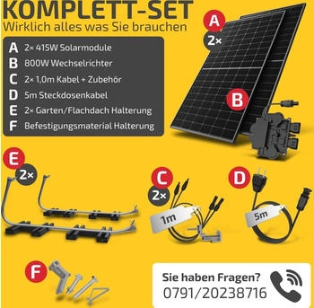 Solakon Balkonkraftwerk 890/800W 2 x 445Wp Module + Growatt NEO 800M-X + Schuko-Kabel 5m + Garten/Flachdach-Halterung