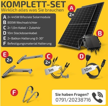 Solakon Balkonkraftwerk 890/800W 2 x 445Wp Module + Growatt NEO 800M-X + Schuko-Kabel 10m + Balkon-Halterung