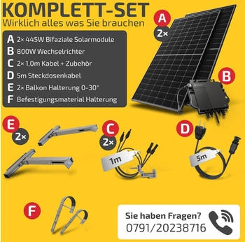 Solakon Balkonkraftwerk 890/800W 2 x 445Wp Module + Growatt NEO 800M-X + Schuko-Kabel 5m + Balkon-Halterung