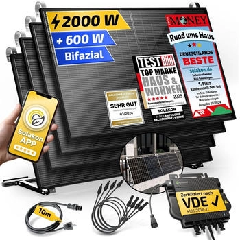 Solakon Balkonkraftwerk 2000/800W 4 x 500Wp Module + Growatt NEO 800M-X + Schuko-Kabel 10m + Balkonhalterung