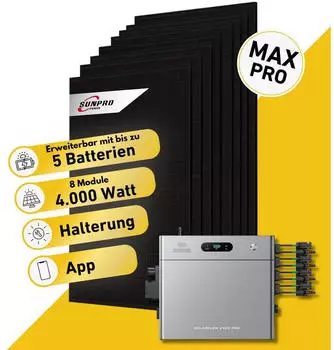 Balkonstrom Solaranlage 4000W 8 x 500Wp Module + Zendure Solarflow 2400 Pro + Zendure Smart Meter + 3m Schuko-Kabel + Fassaden-Halterung