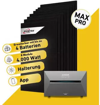 Balkonstrom Solaranlage 4000W 8 x 500Wp Module + Anker SOLIX Solarbank 3 E2700 Pro + 3m Schuko-Kabel + Fassaden-Halterung 90&deg;