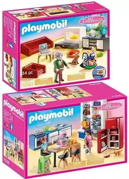 Playmobil Dollhouse 2er Set Familienk&uuml;che + Gem&uuml;tliches Wohnzimmer (70206/70207)