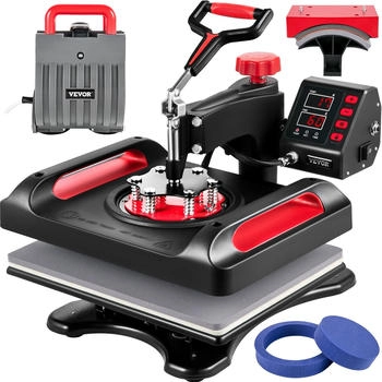 VEVOR Transferpresse 5 in 1 T-Shirt Druckmaschine 29 x 38cm Transferpresse 1000 W 50 HZ Textilpresse Druckmaschine mit 1,5 m Kabellänge für Übertragung von Mustern auf T-Shirts, Kappen Becher rot