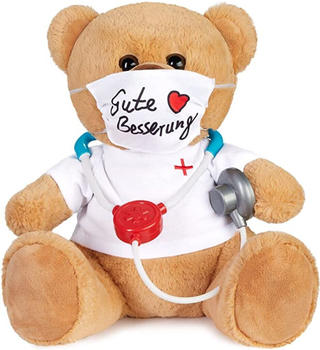 Brubaker Teddy Plüschbär mit Mundschutz und Stethoskop “Gute Besserung” 35 cm braun