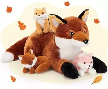 LuxusKollektion Fuchs Kuscheltier XXL 55cm mit 3 Babys, dunkelbraun-weiß, 4er-Set