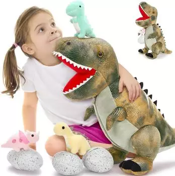 LuxusKollektion Riesen Dino Kuscheltier XXL mit 3 Babys im Bauch, dunkelgr&uuml;n, 60cm