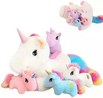 LuxusKollektion Einhorn Plüschkissen mit 4 Baby-Einhörnern, Flügeln & Regenbogen