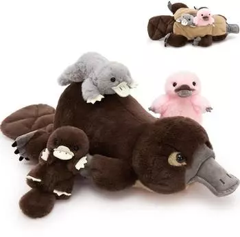 LuxusKollektion Schnabeltier Kuscheltier XXL 55cm mit 3 Babys, dunkelbraun-grau
