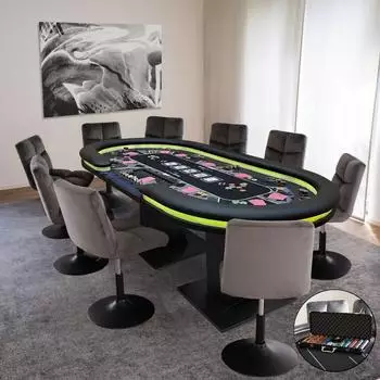 Home Deluxe Straight Flush LED-Pokertisch-Set mit Stühlen und Pokerkoffer, 213x106cm, 9 Personen