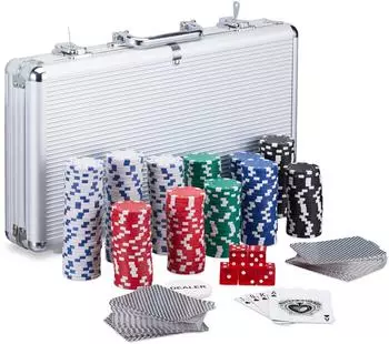 Relaxdays Pokerkoffer-Set mit 300 Laserchips und 5 Würfeln, abschließbar