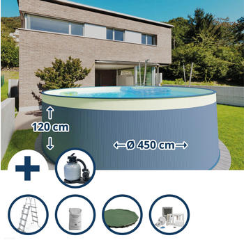 planet pool Stahlwandpool Set (6-teilig) rund 450x120cm Stahl 0,4mm anthrazit Folie 0,2mm sand overlap