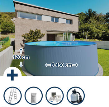 planet pool Stahlwandpool Set (5-teilig) rund 450x120cm Stahl 0,4mm anthrazit Folie 0,4mm blau Einhängebiese