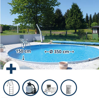 Waterman Stahlwandpool Set (7-teilig) tief rund Bahrain 350x150cm Stahl 0,8mm weiß Folie 0,6mm blau