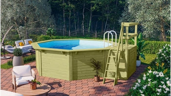 Karibu Achteckpool Modell 1X 480x399,5x121,1cm mit Sonnenterrasse blau/braun