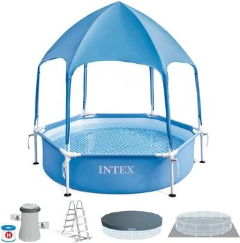 Intex Canopy Metal Frame Aufstellpool Rund mit Sonnendach und Wassersprinkler (28209NP)