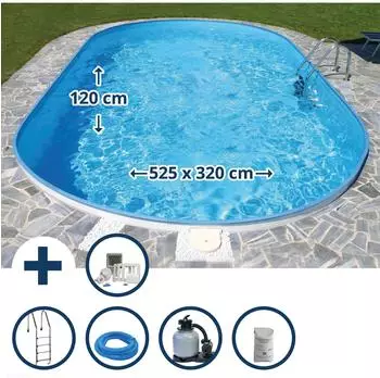 planet pool Fererra Ovalpool Stahlwand 525x320x120cm, Stahl 0,6mm weiß, Folie 0,6mm blau
