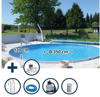 Waterman Stahlwandpool Set (8-teilig) tief rund Baja 350x120cm Stahl 0,6mm weiß Folie 0,6mm blau