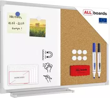 ALLboards Kombitafel 2 in 1 Magnettafel & Kork-Pinnwand mit Aluminiumrahmen 60x40cm Korktafel Whiteboard