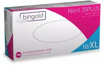 Bingold Einweghandschuh Nitril 35PLUS 634304 XL weiß 100 Stück Packung mit 10 Stück